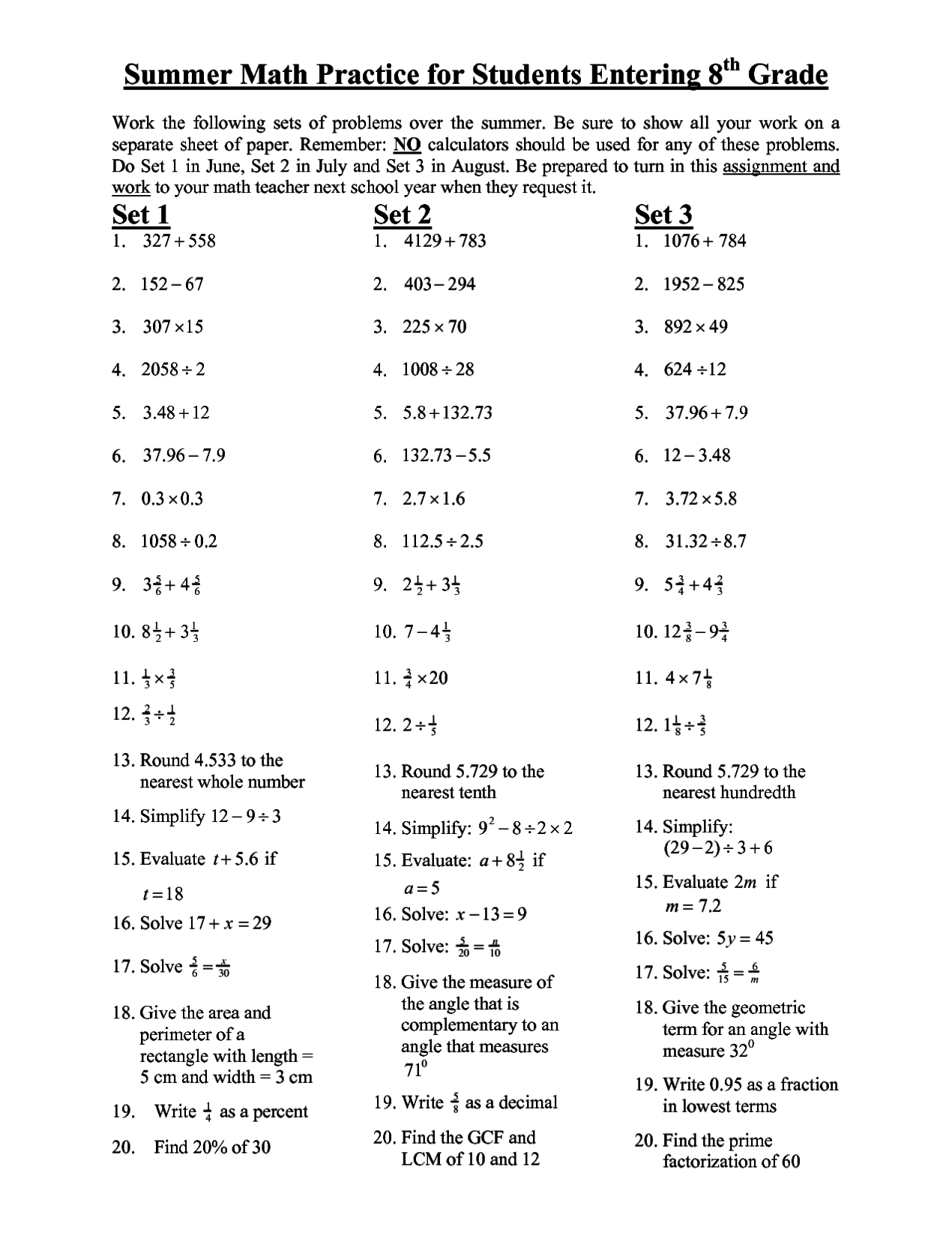 8th grade math worksheets pdf
