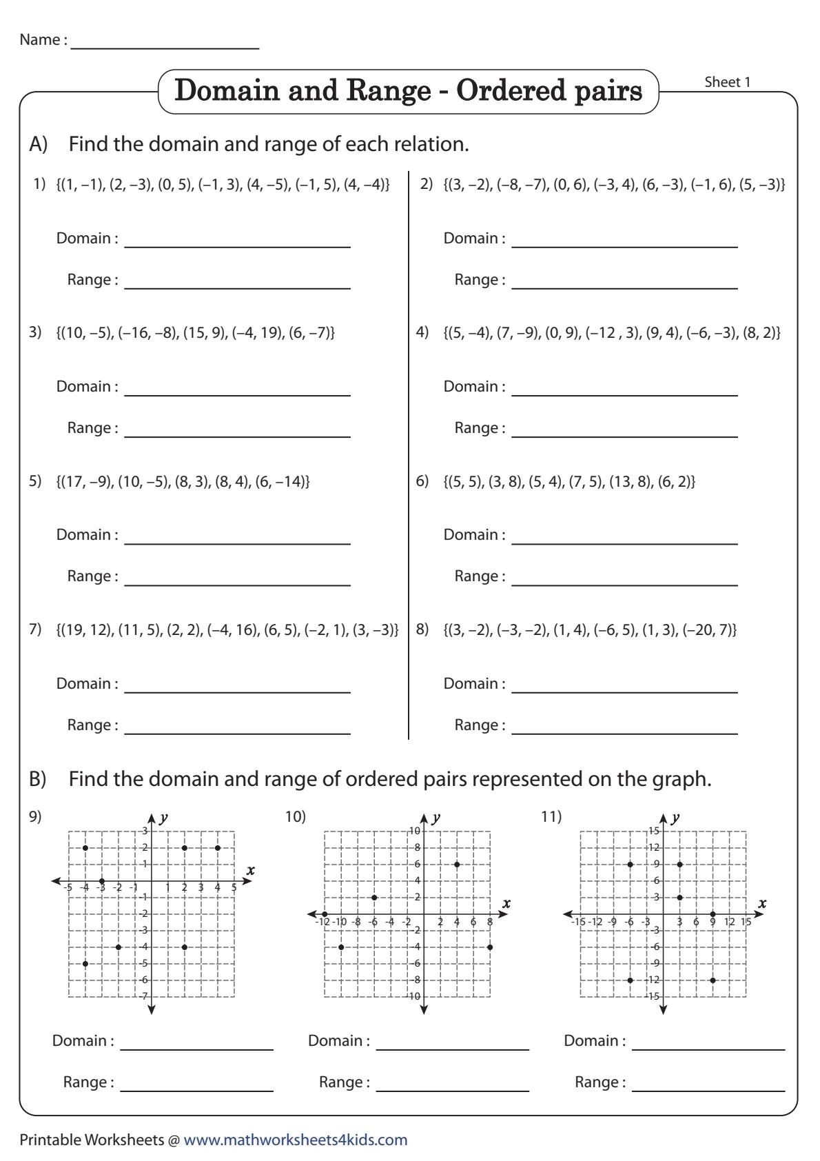 domain and range math worksheets