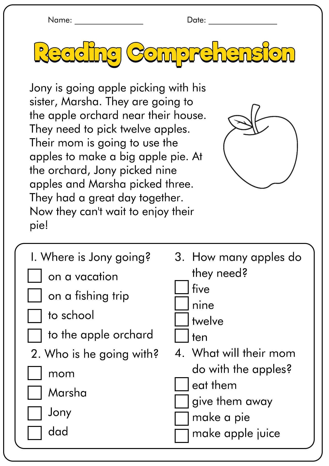 free reading comprehension worksheets for 1st grade
