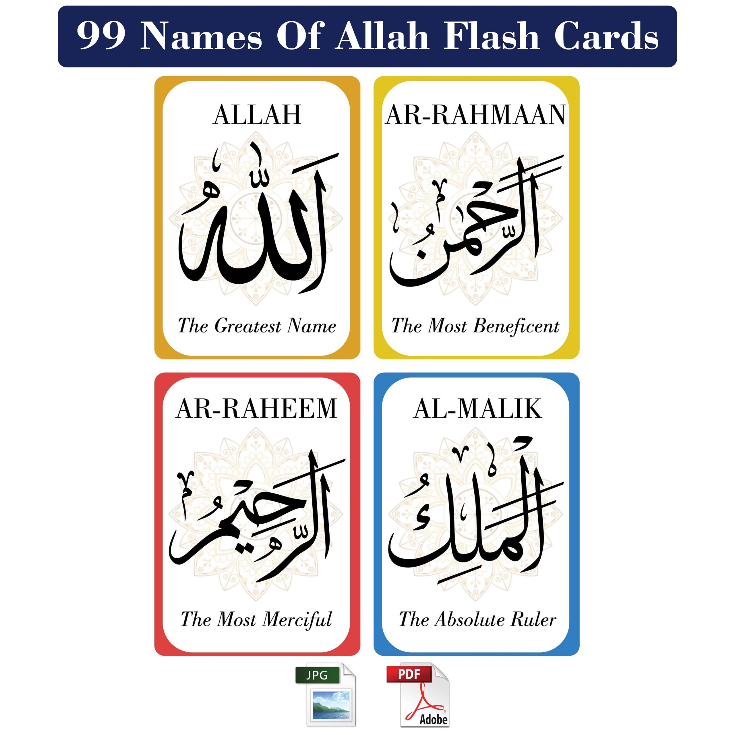 99 Names Of Allah Flash Cards Printable Cards PDF Download Etsy