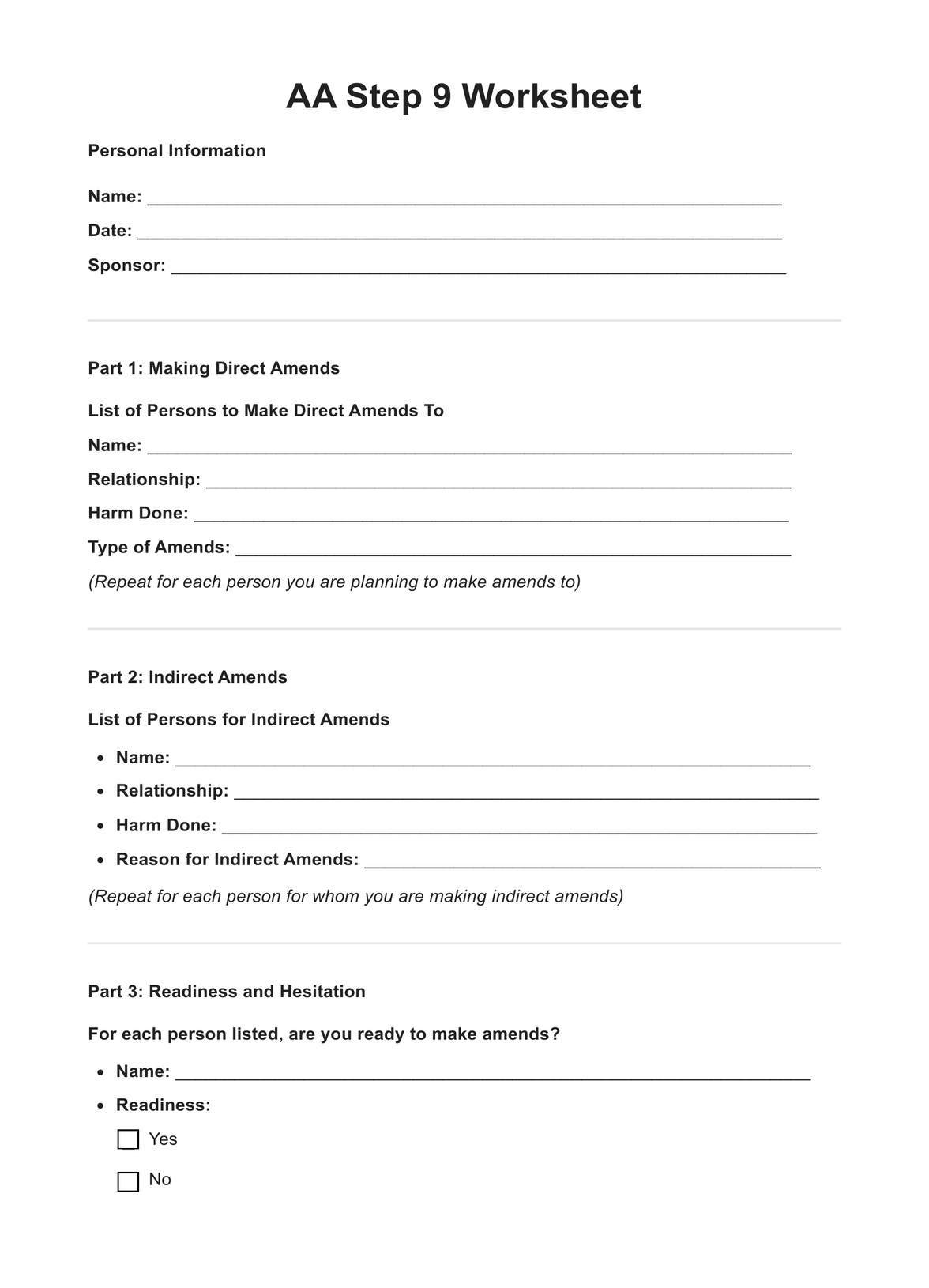 AA Step 9 Worksheets