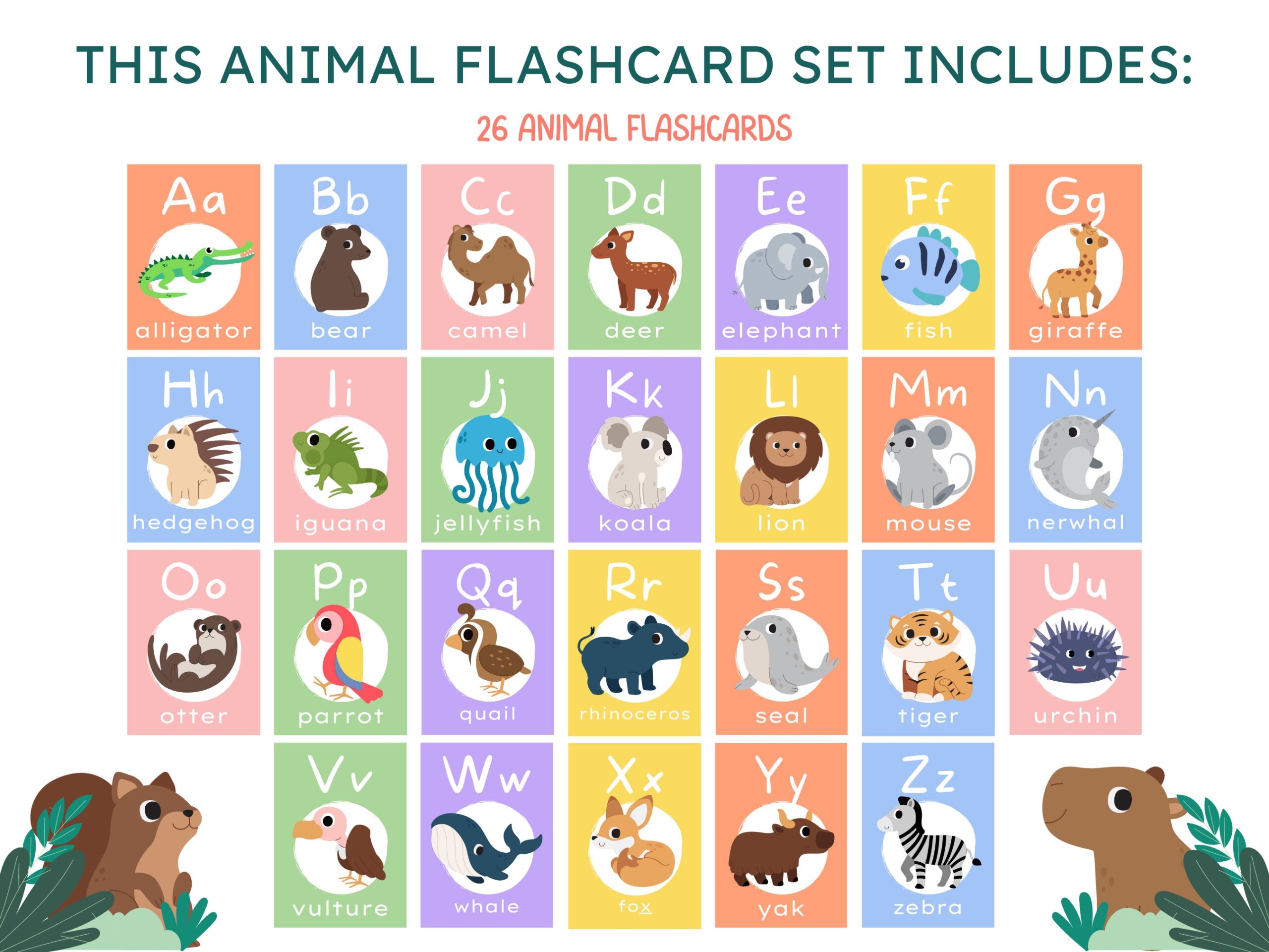 ABC Printable Flashcards Animal Flashcard Printables Alphabet Animal Flash Cards Printable Flashcards ABC Wild Animal Flashcards Etsy
