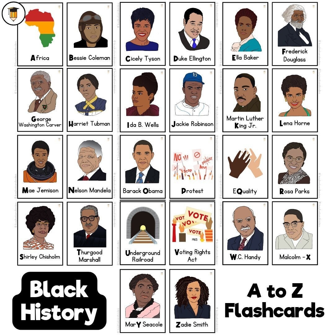 Abcs Black History Flashcards Bulletin Board Display Black History Decor African American History Printable Cards Famous Black Etsy