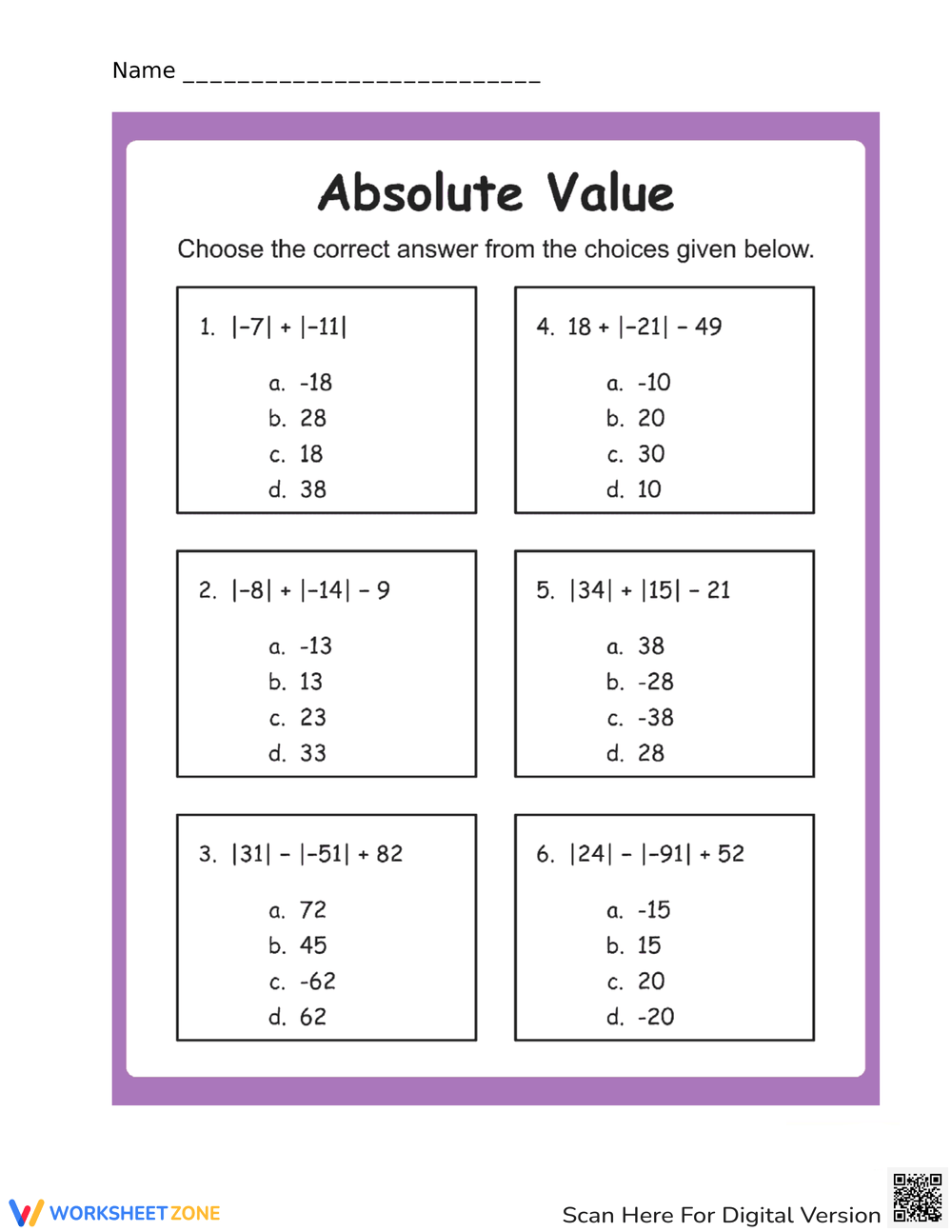 Absolute Value Worksheets Printable