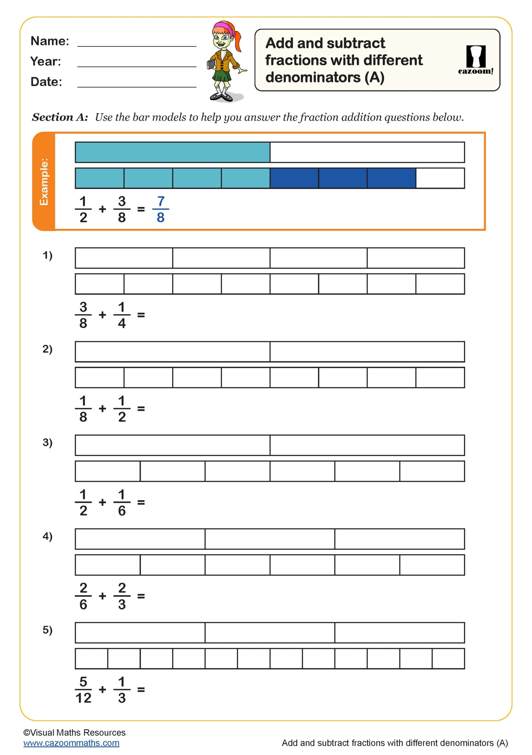 Add And Subtract Fractions With Different Denominators A Worksheet PDF Printable Number Worksheets
