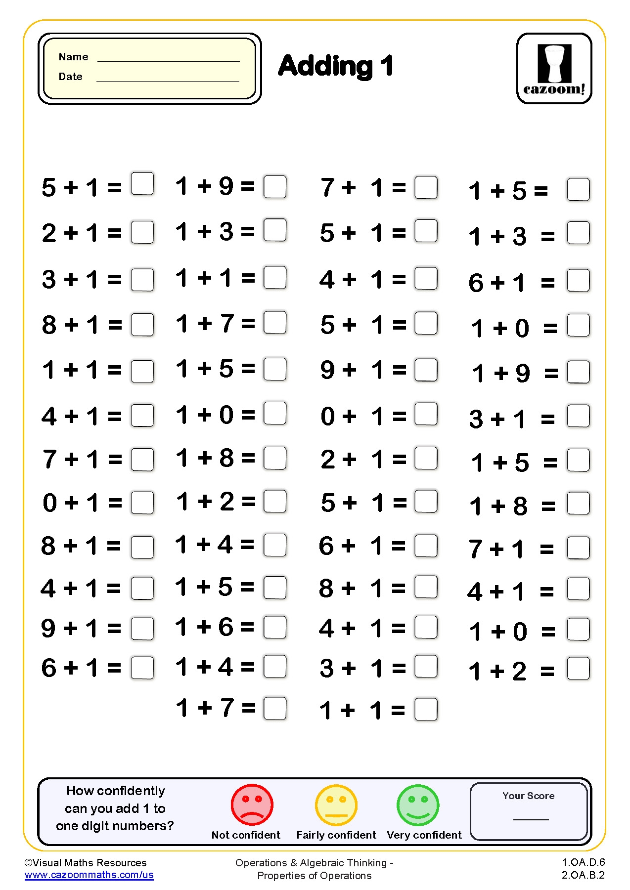 Adding 1 Drills Worksheet 50 Questions PDF Printable Addition Worksheets Cazoom Math