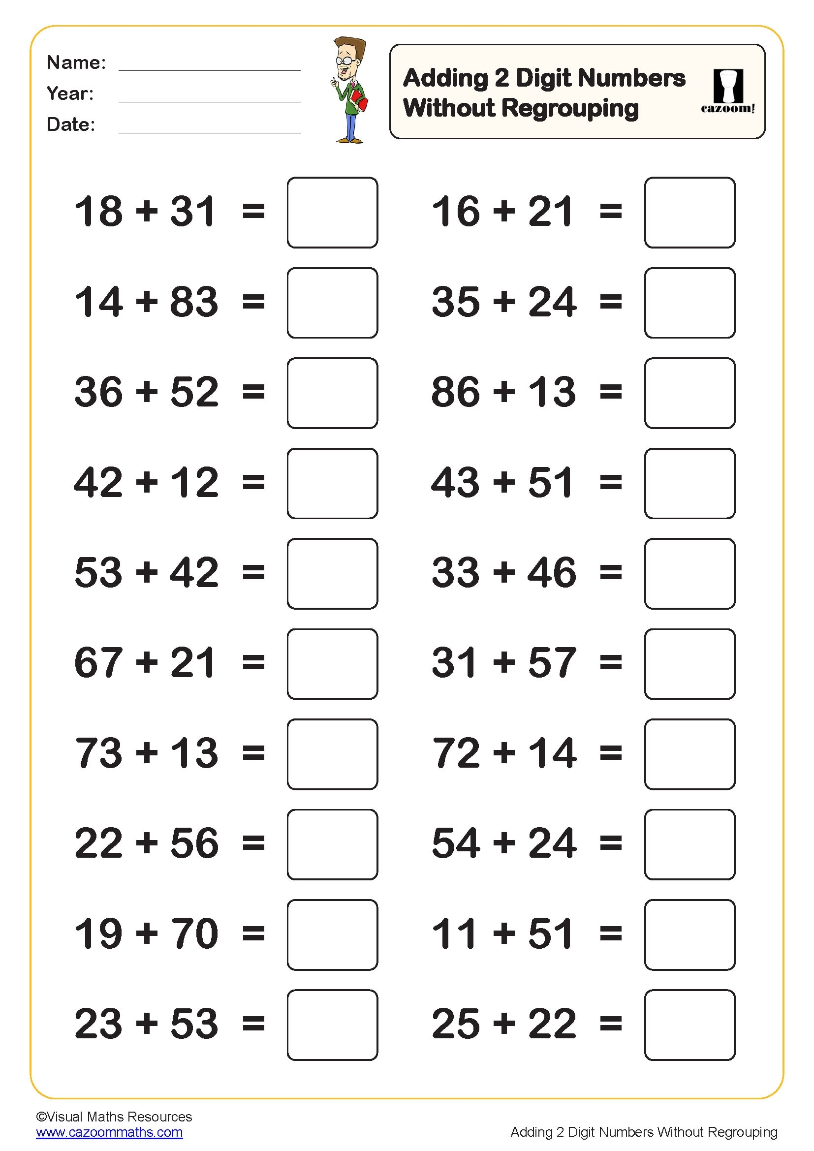 Adding 2 Digit Numbers Without Regrouping Worksheet 20 Questions Fun And Engaging Year 2 PDF Worksheets