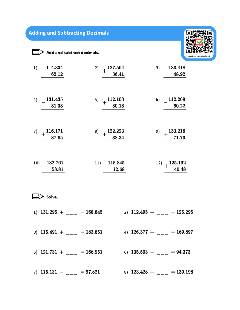 adding and subtracting decimals worksheet