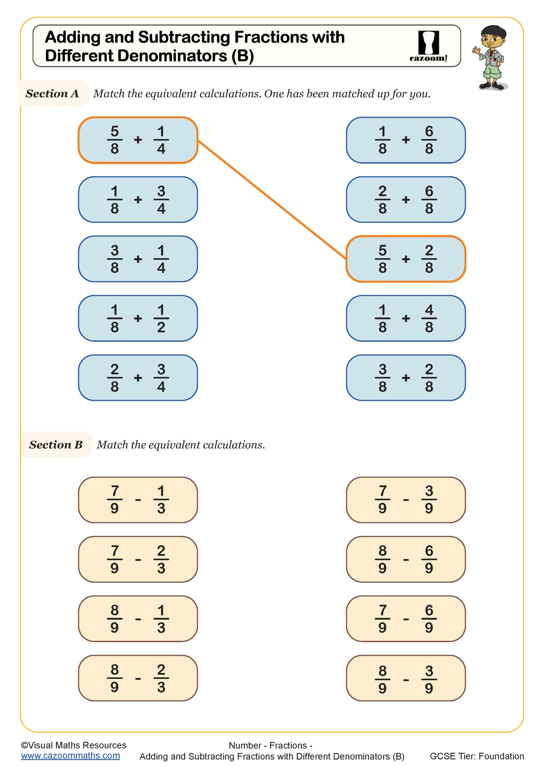 Adding And Subtracting Fractions With Different Denominators B Worksheet Cazoom Maths Worksheets