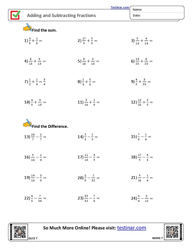 Adding And Subtracting Fractions Worksheets