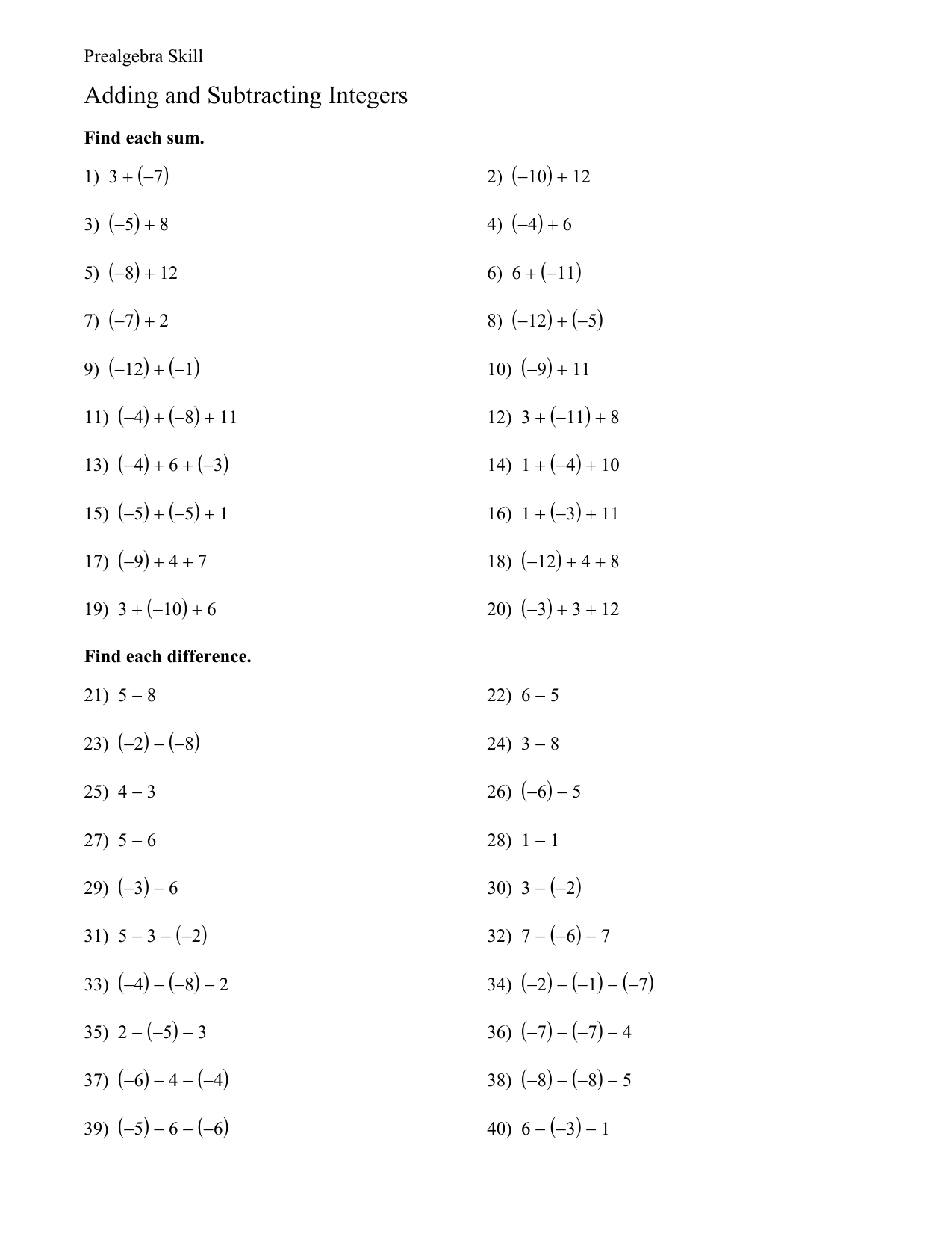 adding integers worksheets