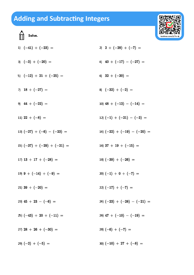 Adding And Subtracting Integers Worksheets Adding And Subtracting Integers Worksheets