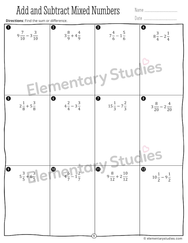 adding and subtracting mixed numbers worksheet