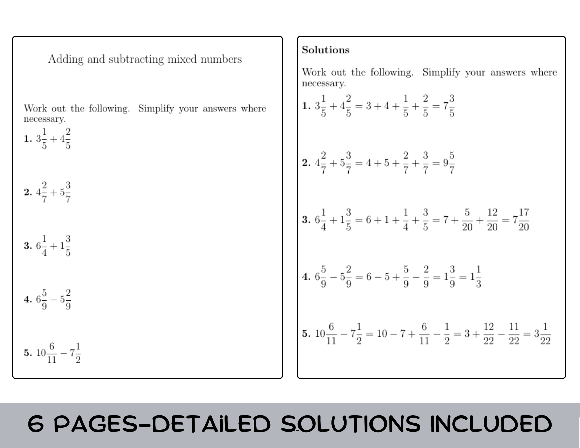 Adding And Subtracting Mixed Numbers Worksheet No 2 with Solutions Teaching Resources