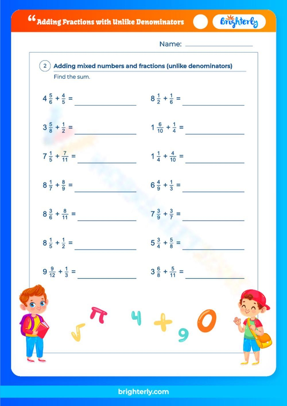 adding mixed numbers worksheet