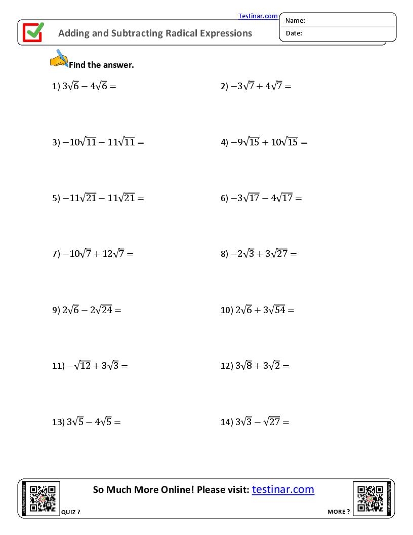 Adding And Subtracting Radical Expressions Worksheets