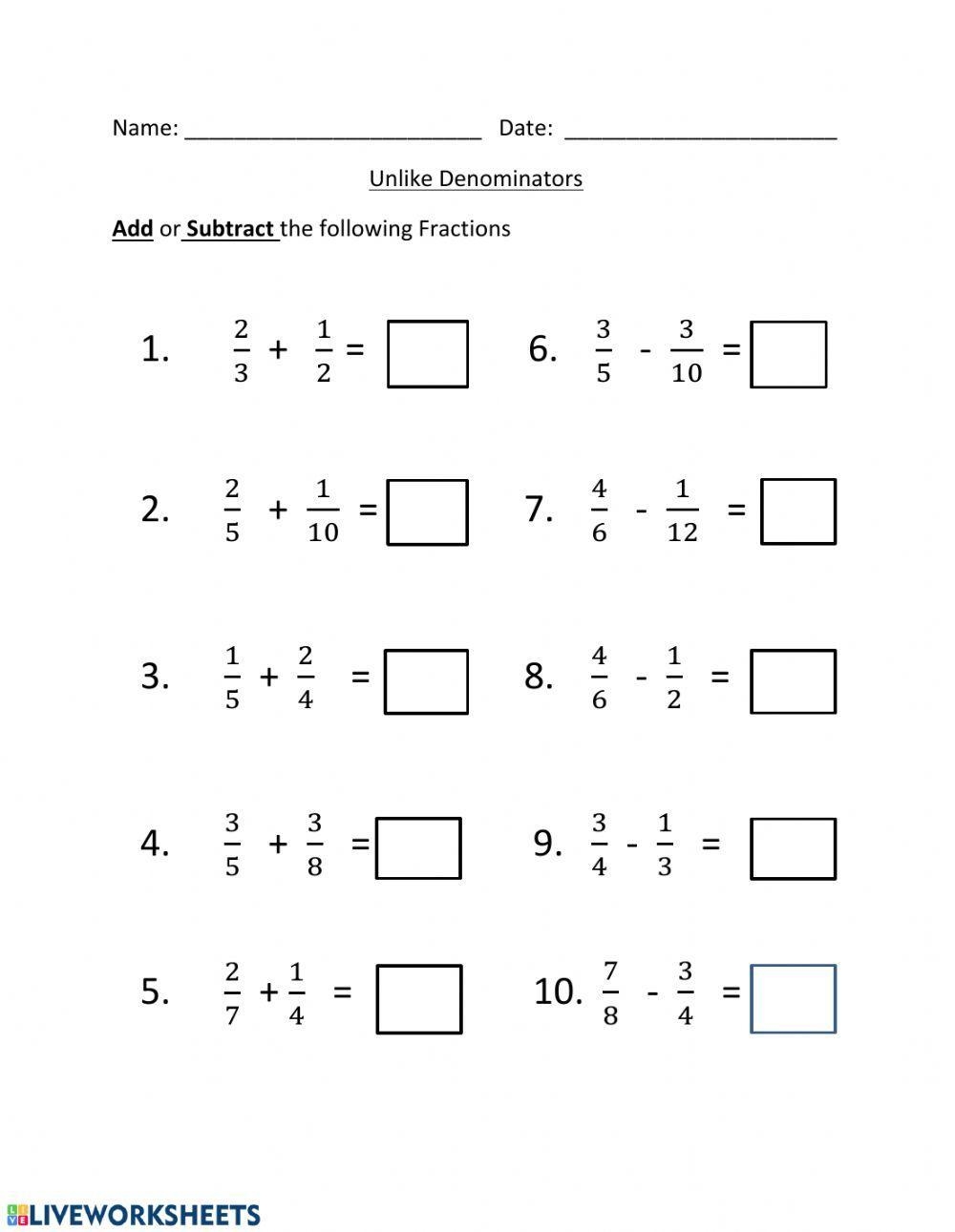 Adding And Subtracting Unlike Denominators Worksheet Live Worksheets Worksheets Library