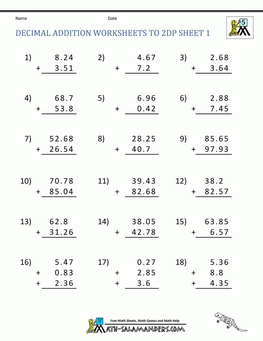 Adding Decimals Worksheet 5th Grade Worksheets Library