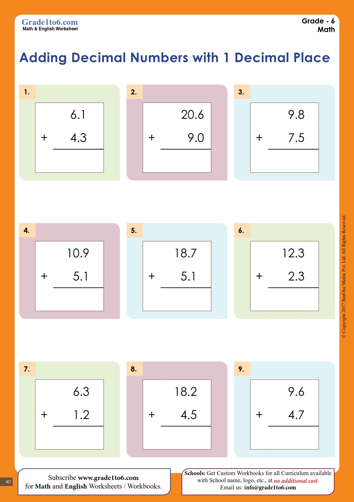 Adding Decimals Worksheets MYP Common Core KS2 CBSE
