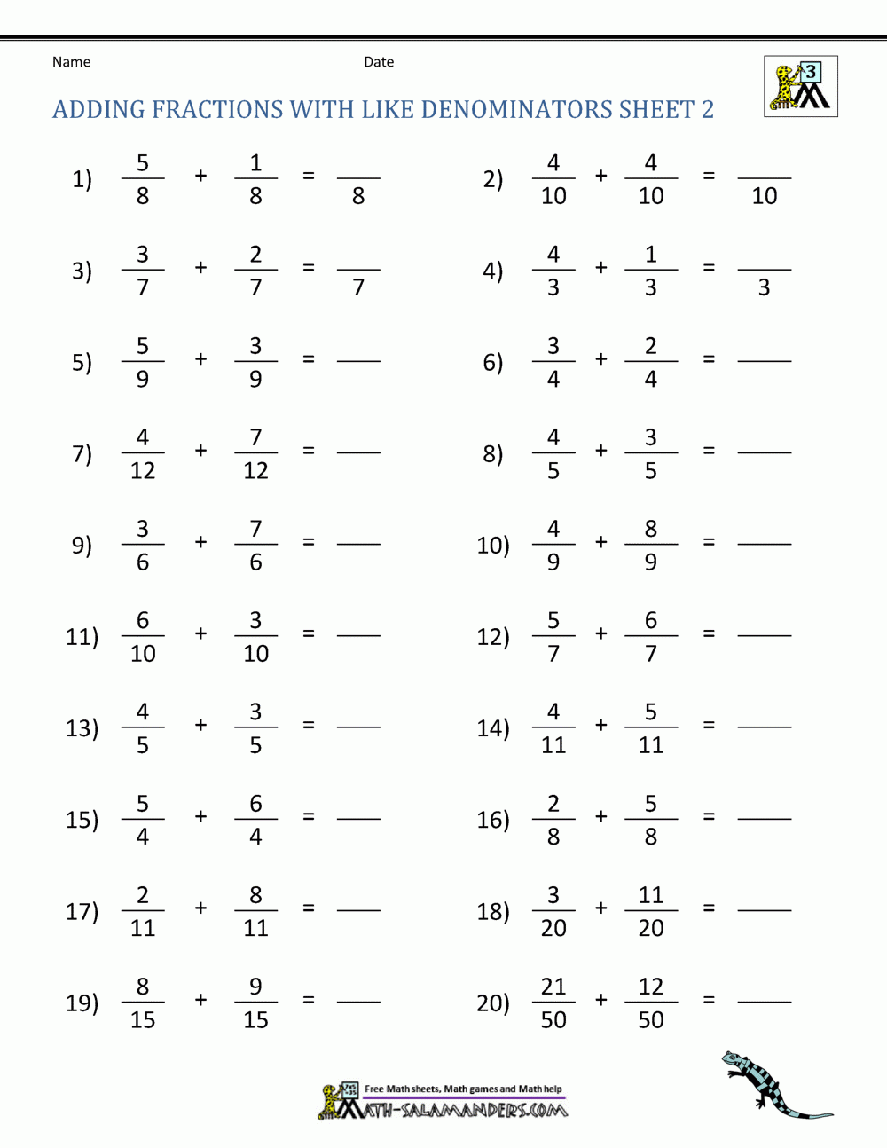 Adding Fractions With Like Denominators Worksheets