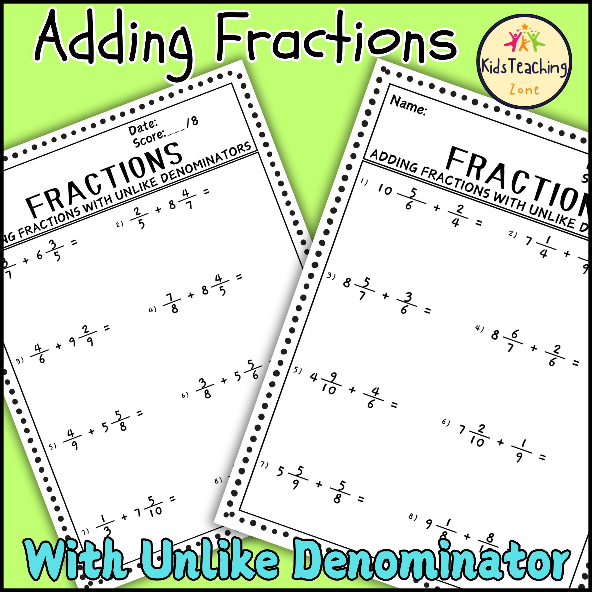 Adding Fractions With Unlike Denominator Worksheets Practice Teaching Resources