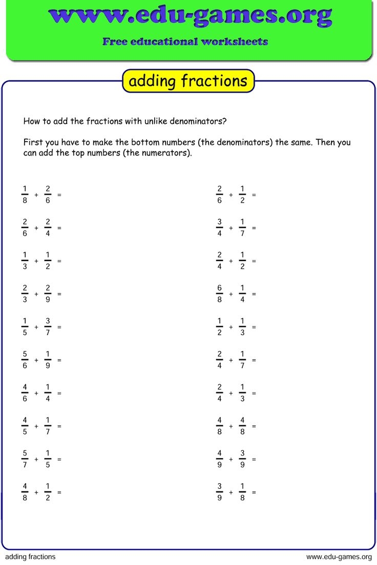 adding unlike fractions worksheet