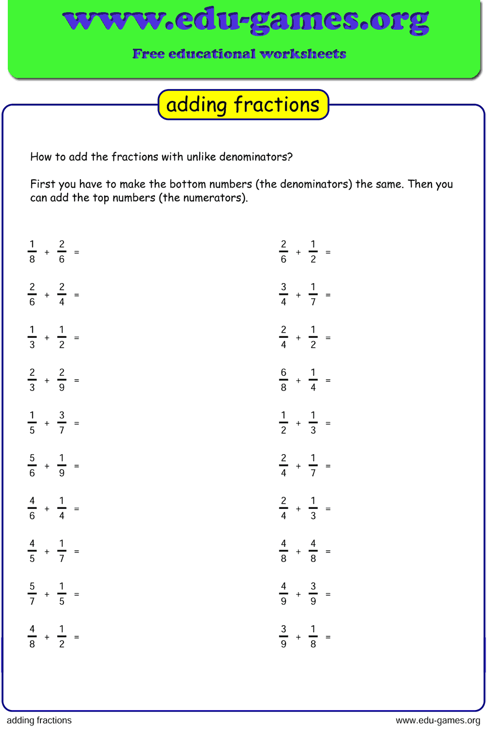 Adding Fractions Worksheet Edu Games