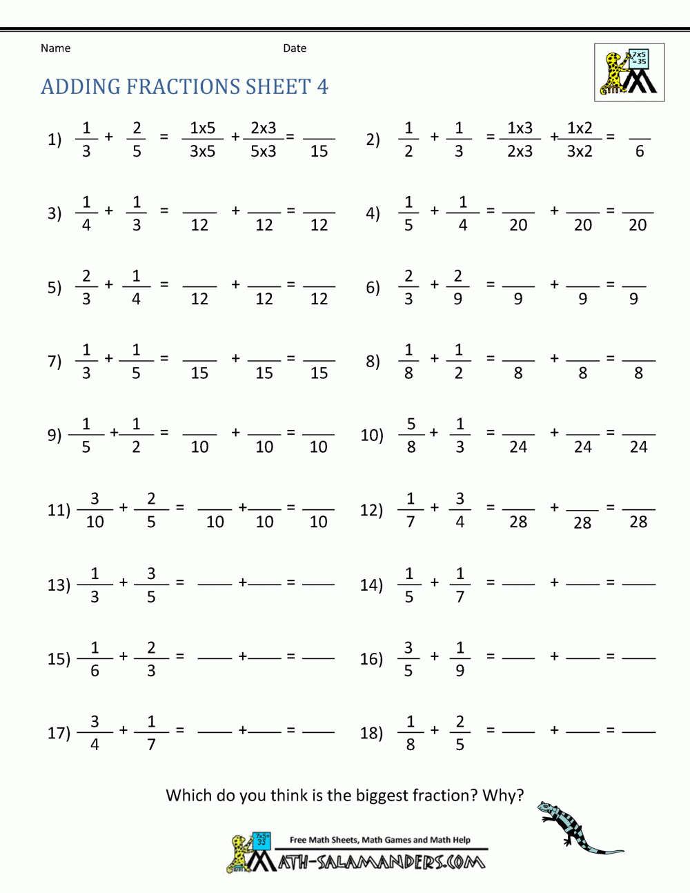 Adding Fractions Worksheets