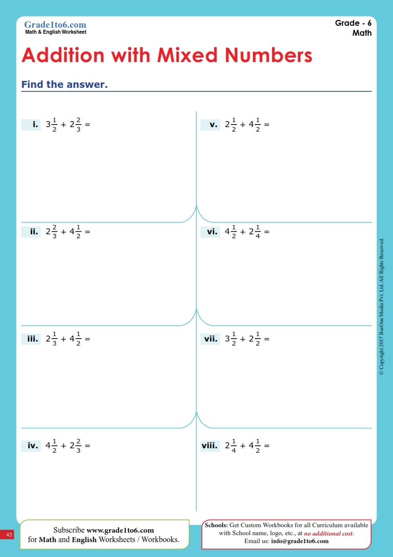 Adding Mixed Numbers Grade1to6