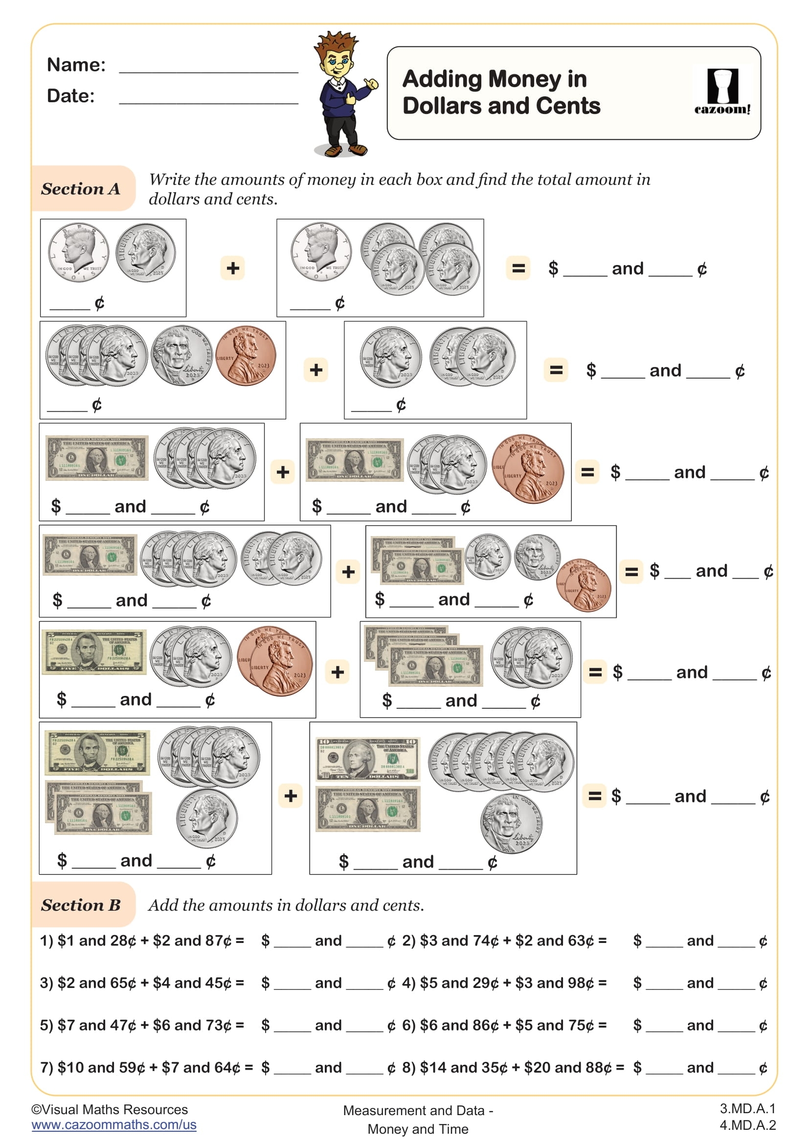 Adding Money In Dollars And Cents Worksheet Fun And Engaging 3rd Grade And 4th Grade Measurement And Data Worksheet Cazoom Math