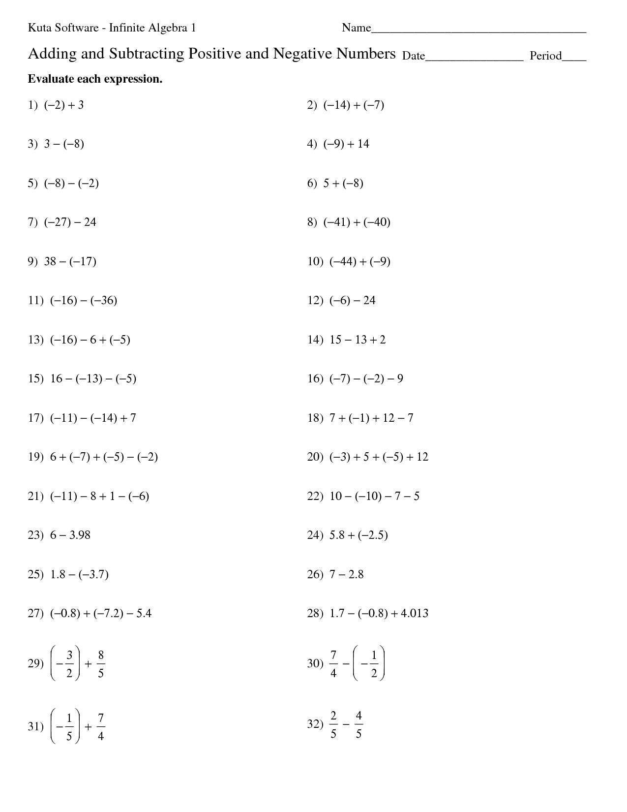 Adding Positive And Negative Integers Worksheets Kindergarten Worksheets Library