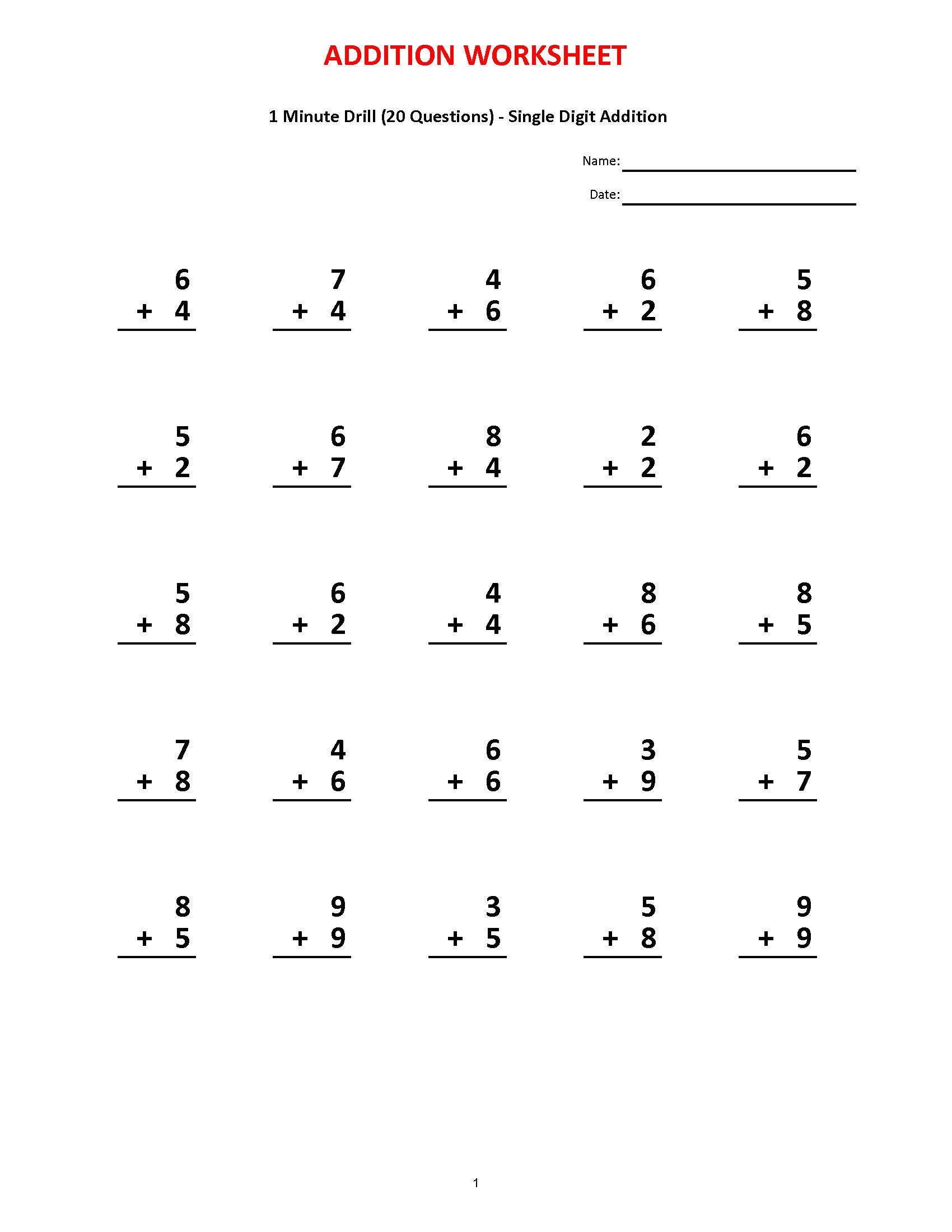 Addition 1 Minute Drill 10 Math Worksheets PDF Etsy
