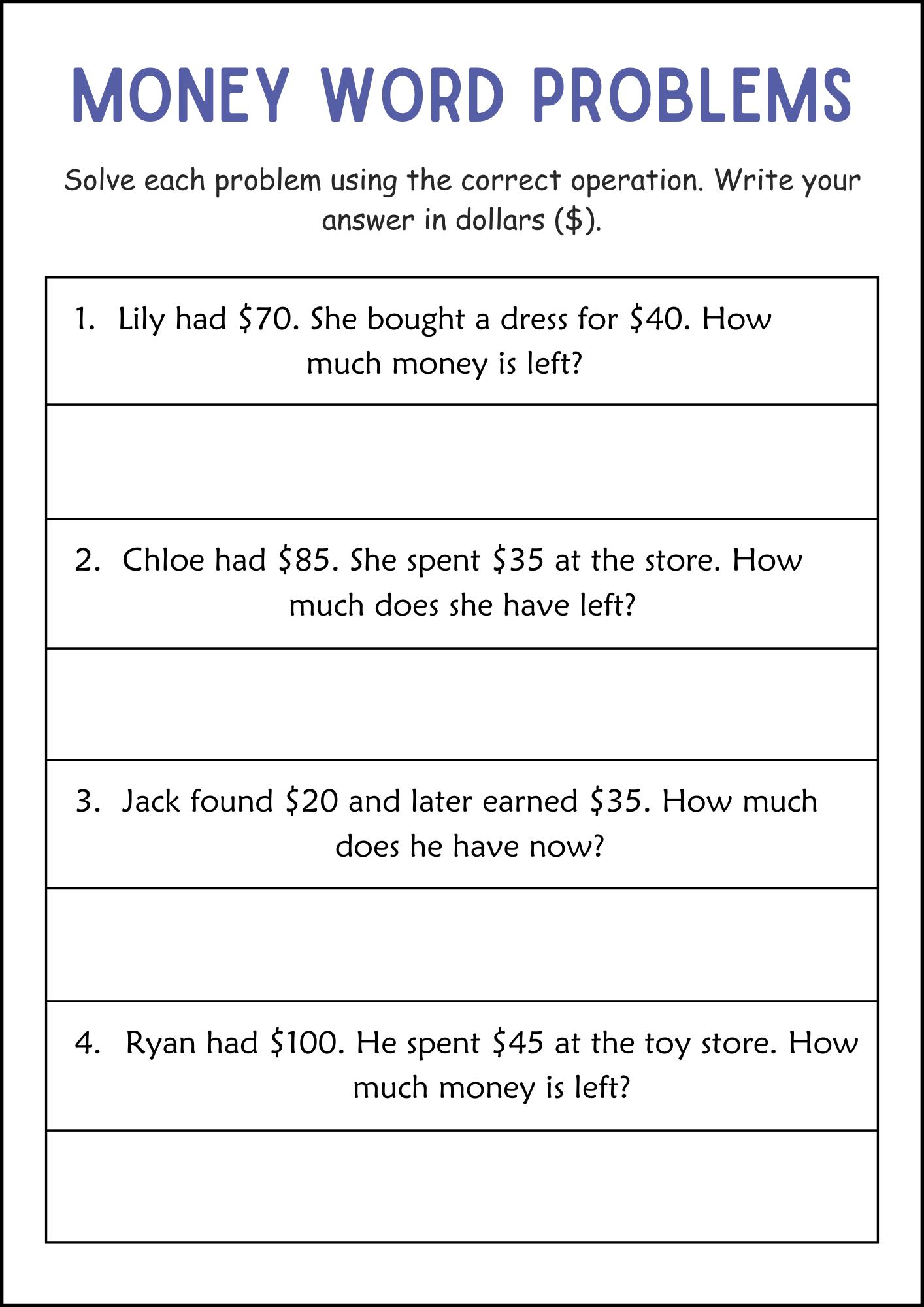word problems worksheets