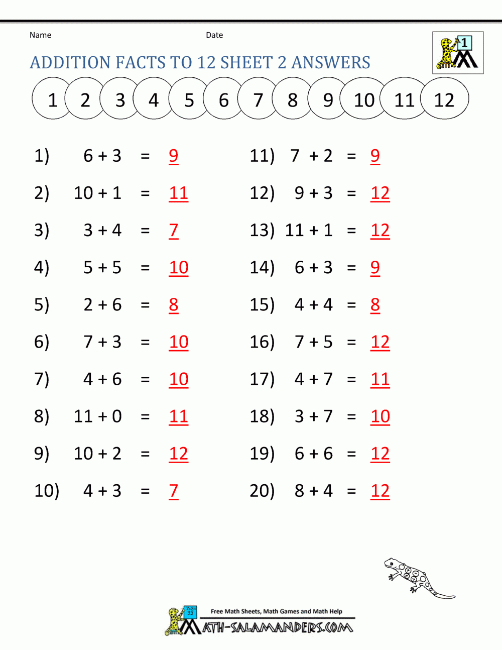 Addition Facts To 20 Worksheets Addition Facts To 20 Worksheets