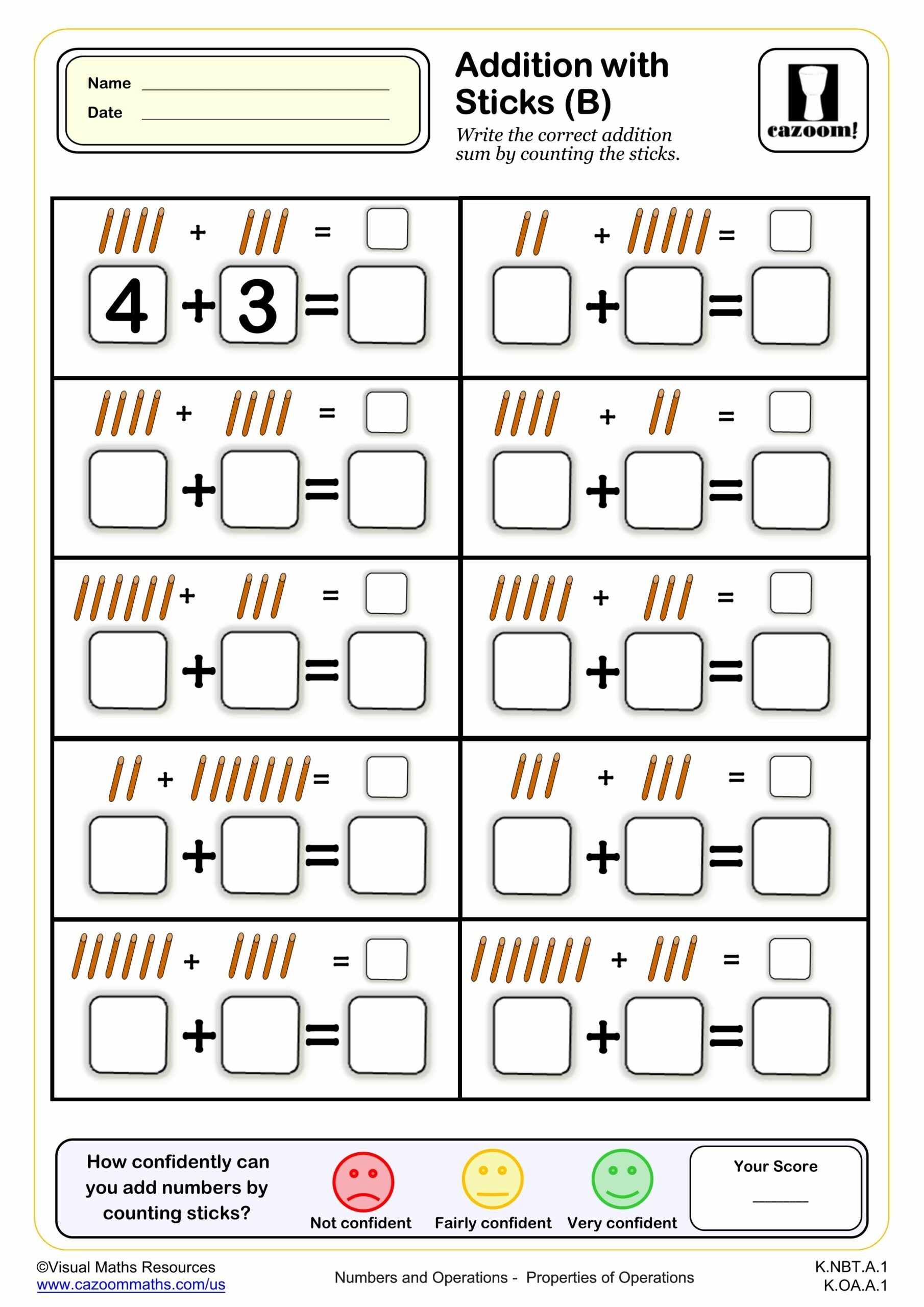 Addition With Sticks A Fun And Engaging K Grade PDF Worksheets Cazoom Math