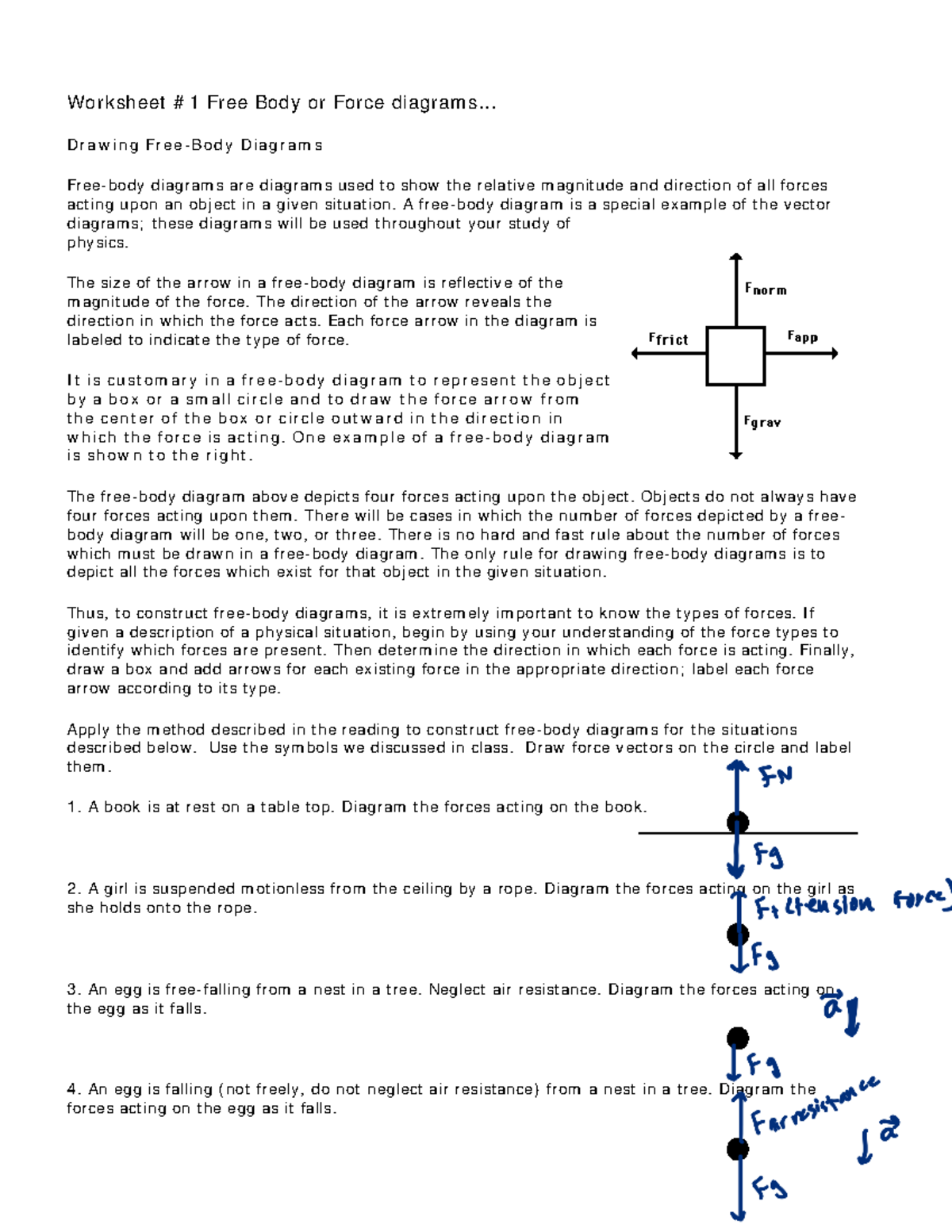 free body diagram worksheet