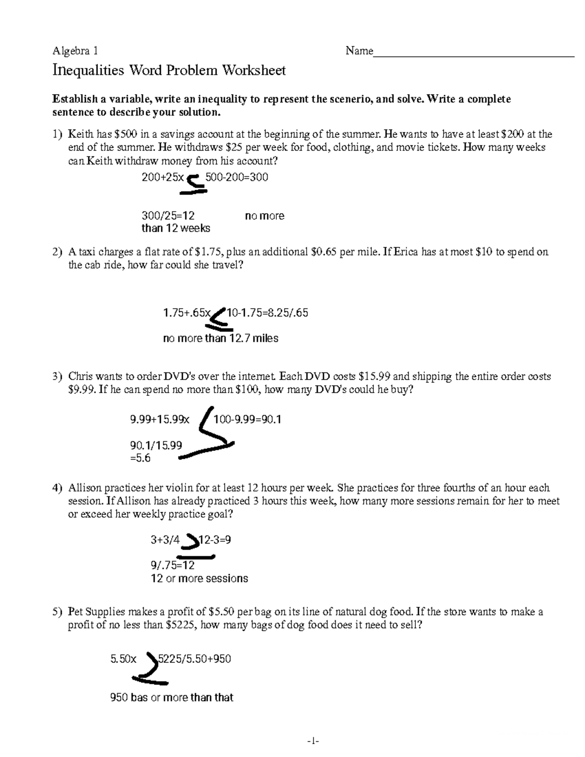 Algebra 1 Inequalities Word Problems Worksheet Studocu