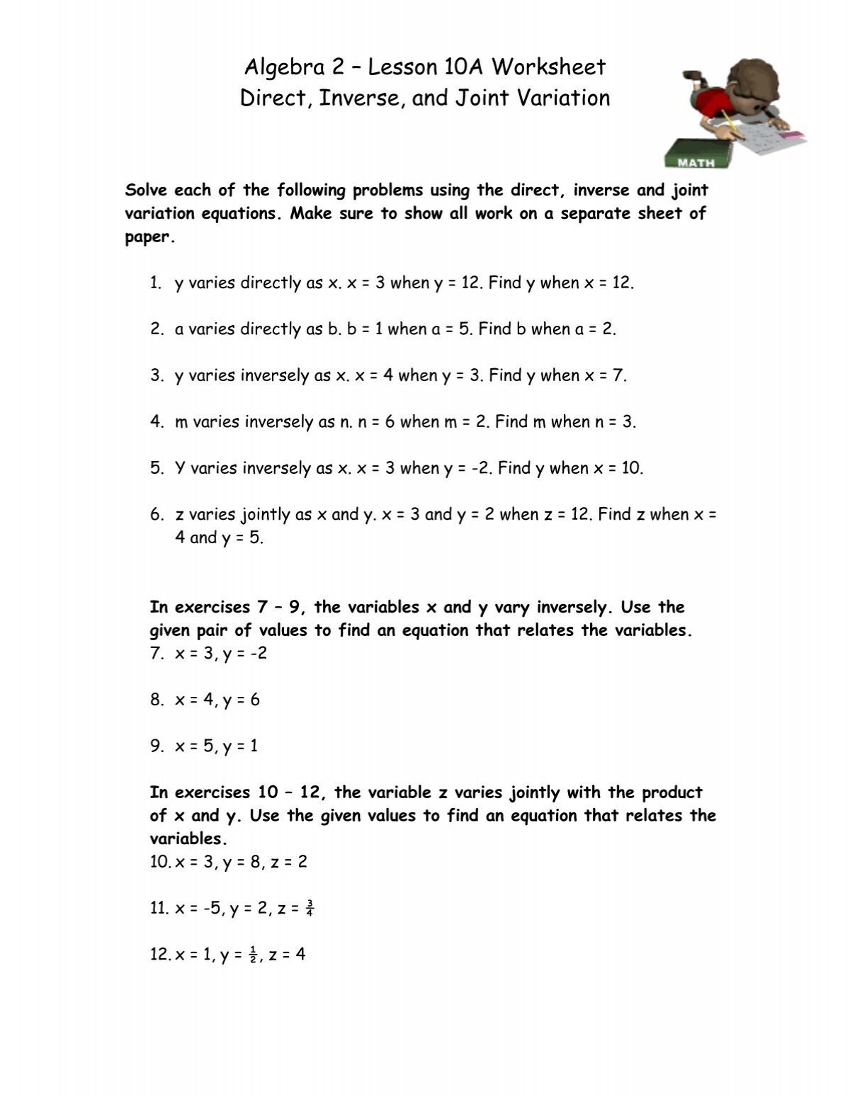 Algebra 2 Lesson 10A Worksheet Direct Inverse And Joint Variation