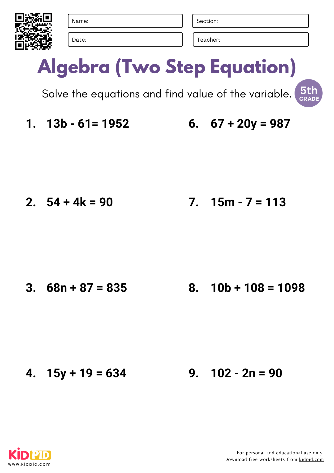 2 step equations worksheet