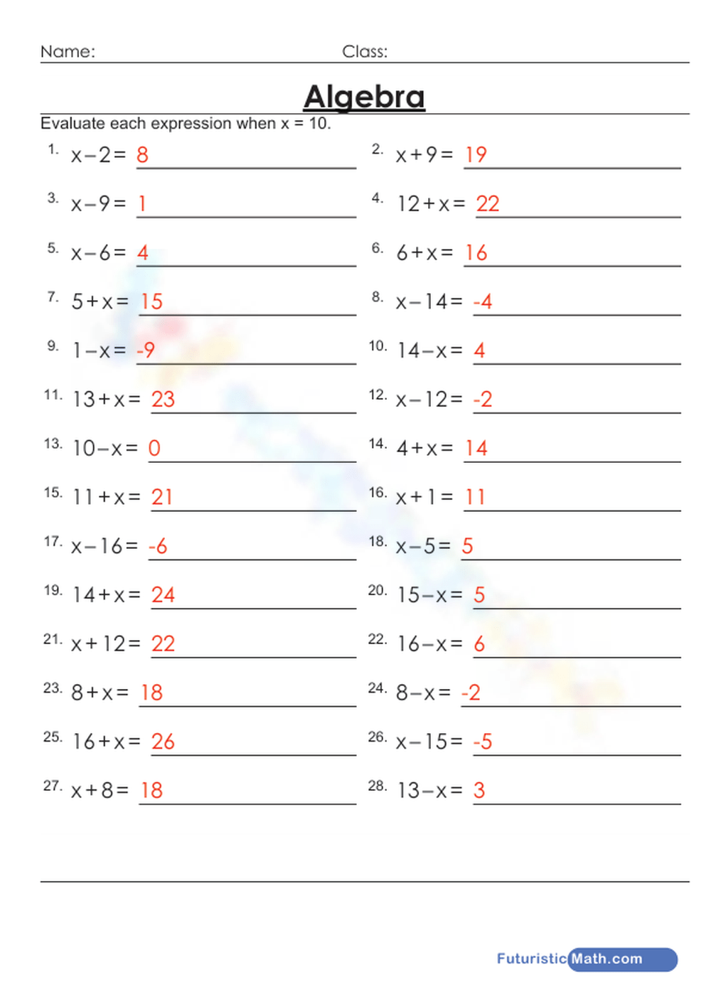 Algebra Evaluating Expressions Worksheet