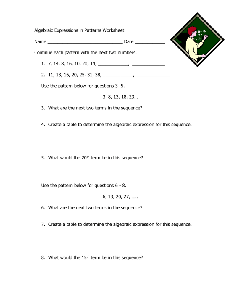 Algebraic Expressions Patterns Worksheet