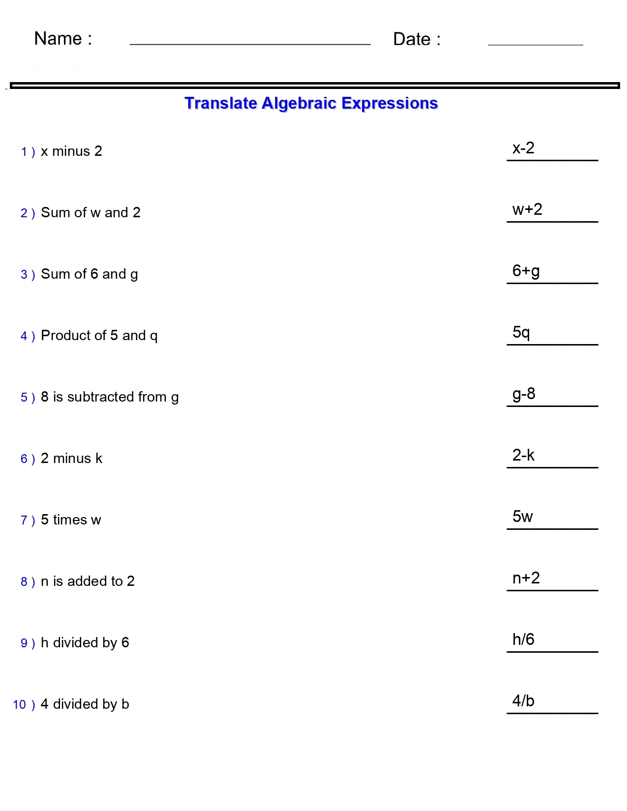 Algebraic Expressions Translate Phrases Worksheets One And Two Terms Made By Teachers