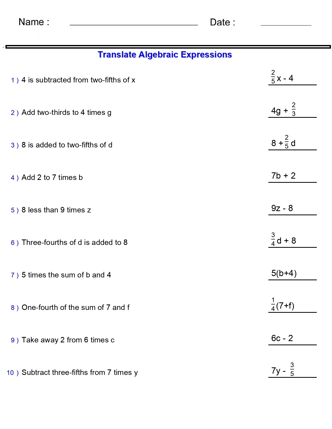 Algebraic Expressions Translate Phrases Worksheets Two Terms With Single Made By Teachers