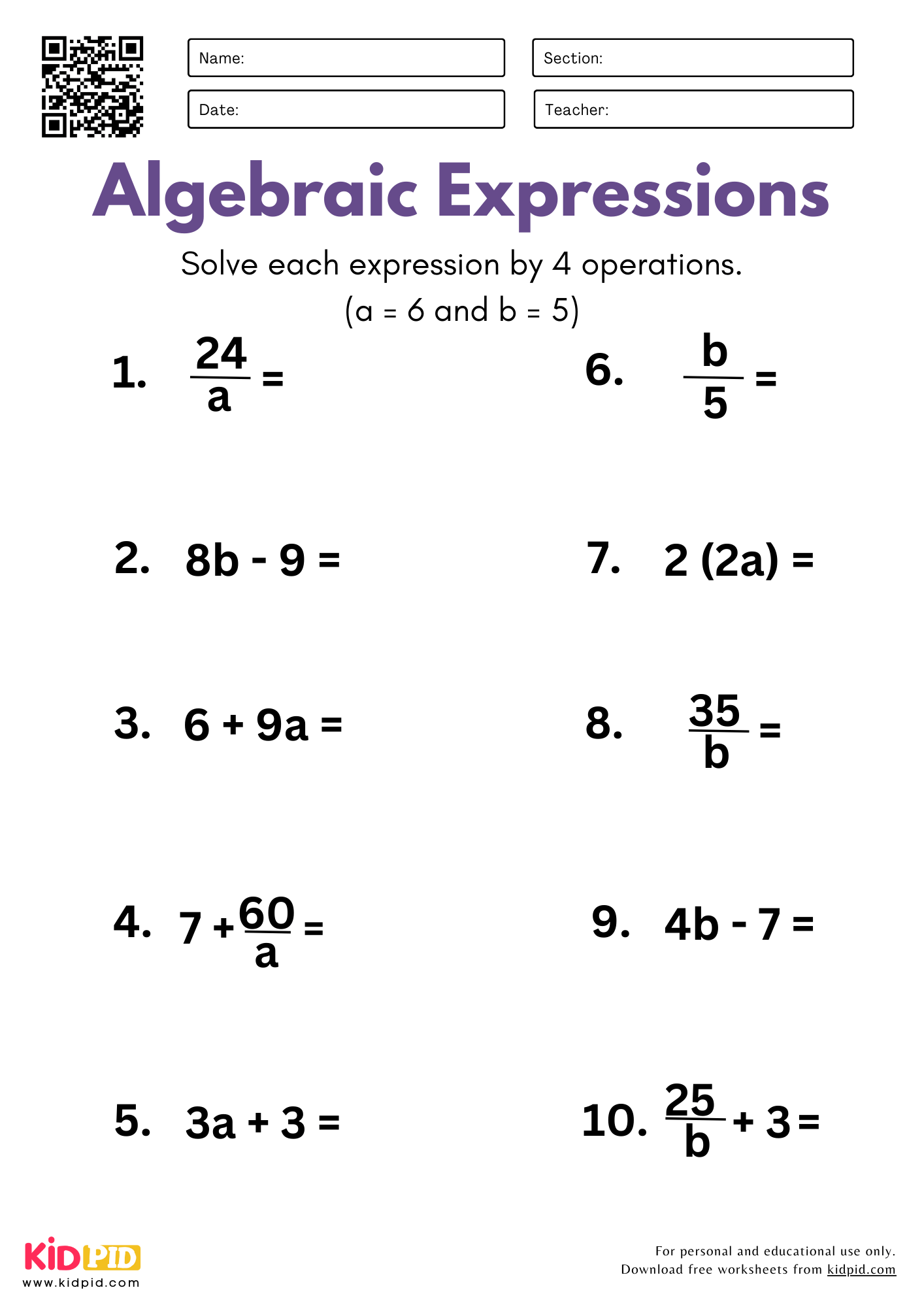Algebraic Expressions With One Variable 4 Operations Worksheet For Grade 5 Kidpid
