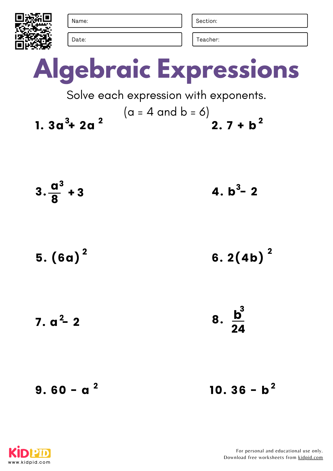 Algebraic Expressions With One Variable With Exponents Worksheet For Grade 5 Kidpid