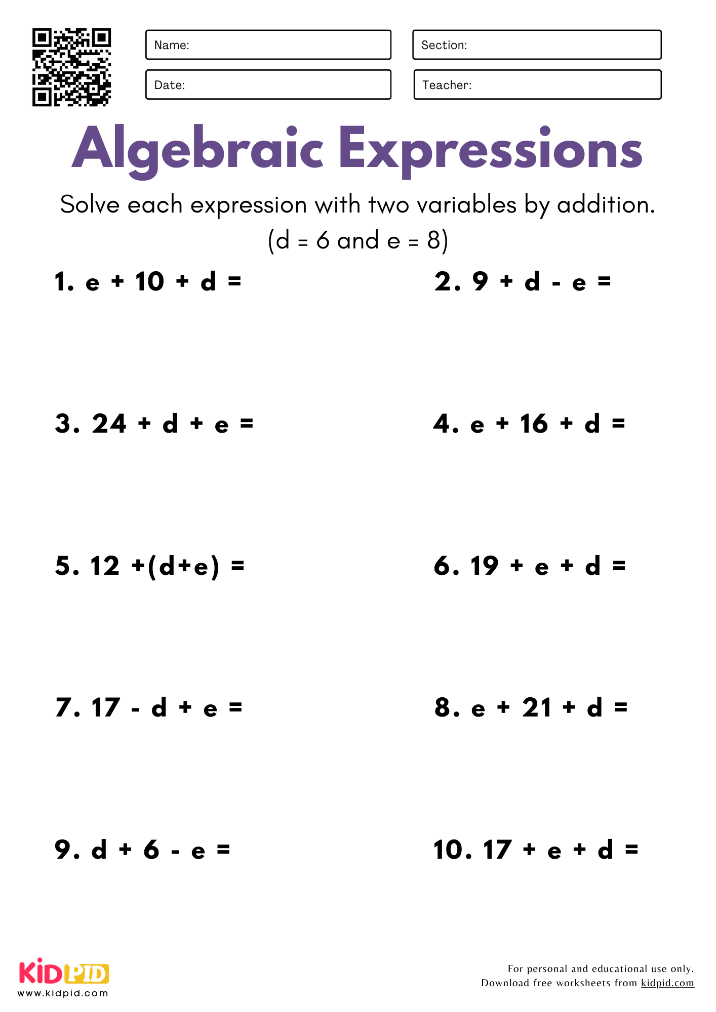 Algebraic Expressions With Two Variables By Addition Worksheet For Grade 5 Kidpid