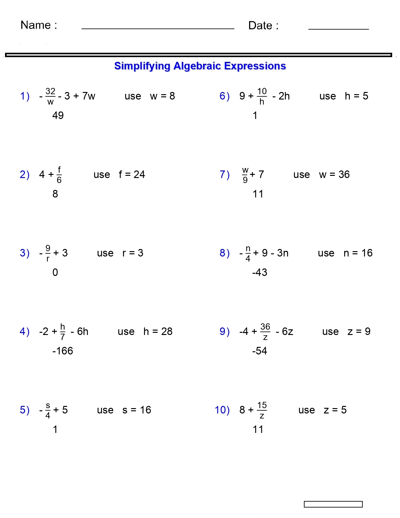 simplifying algebraic expressions worksheet
