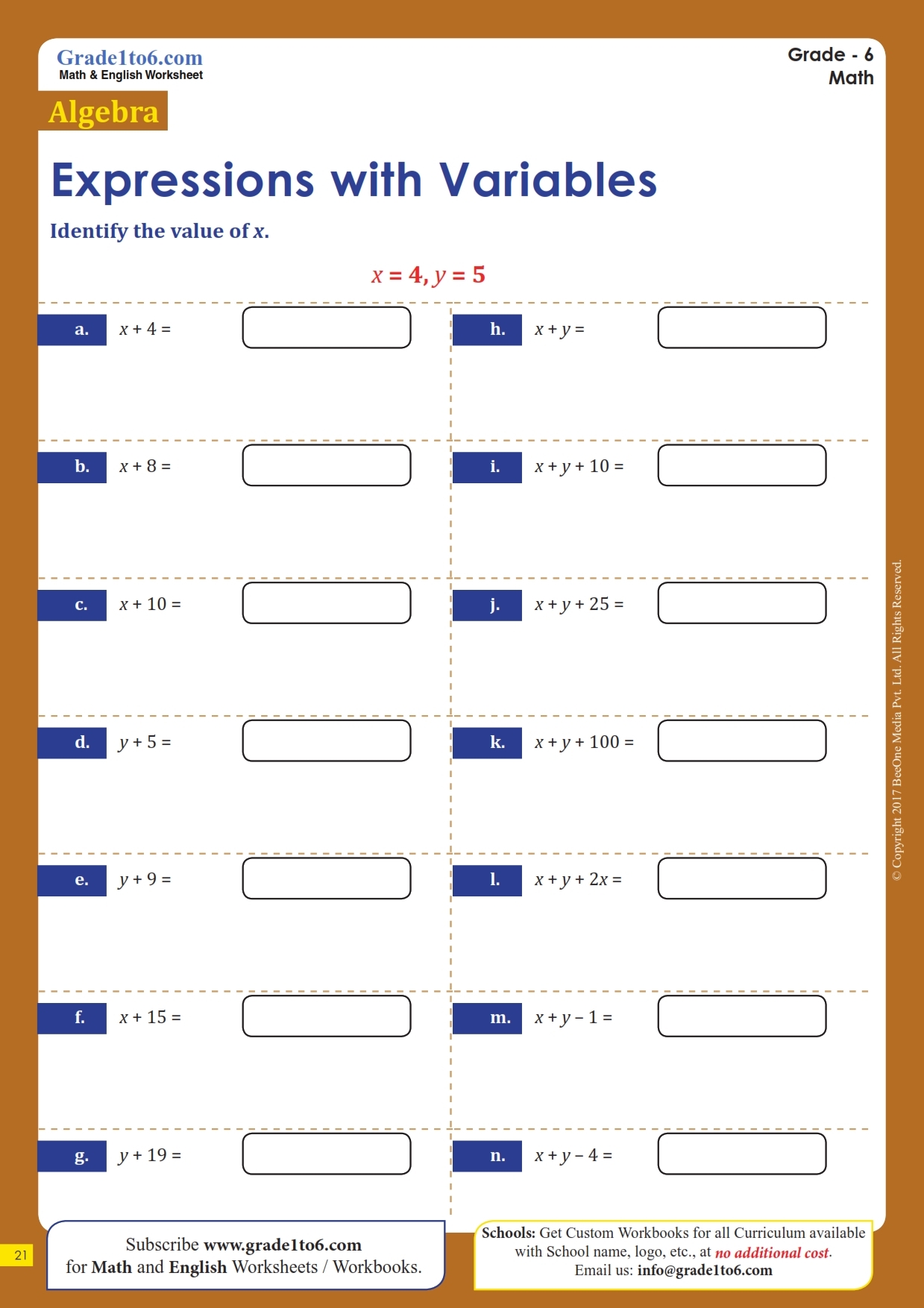 variables in math worksheets