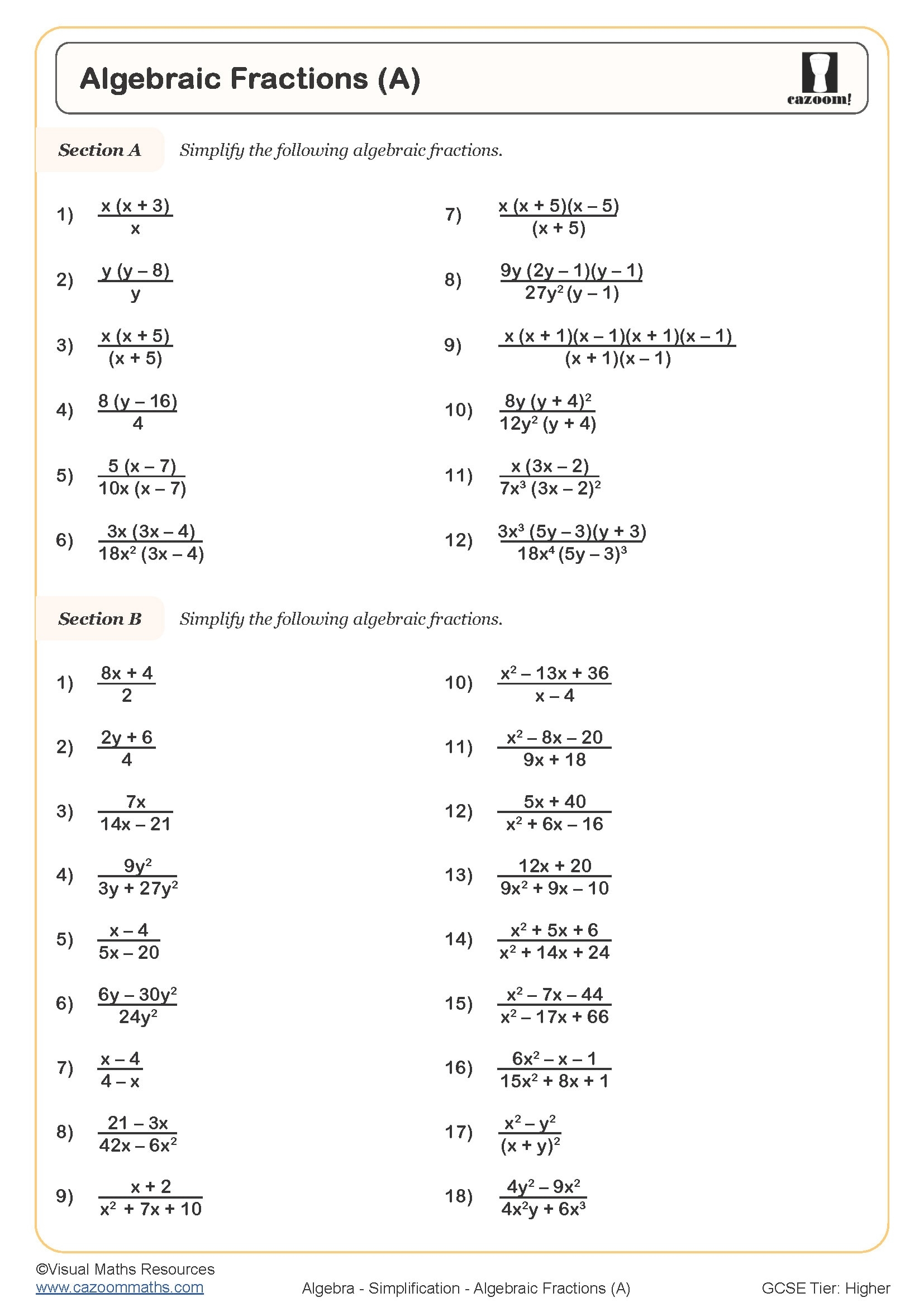 simplifying algebraic expressions worksheets
