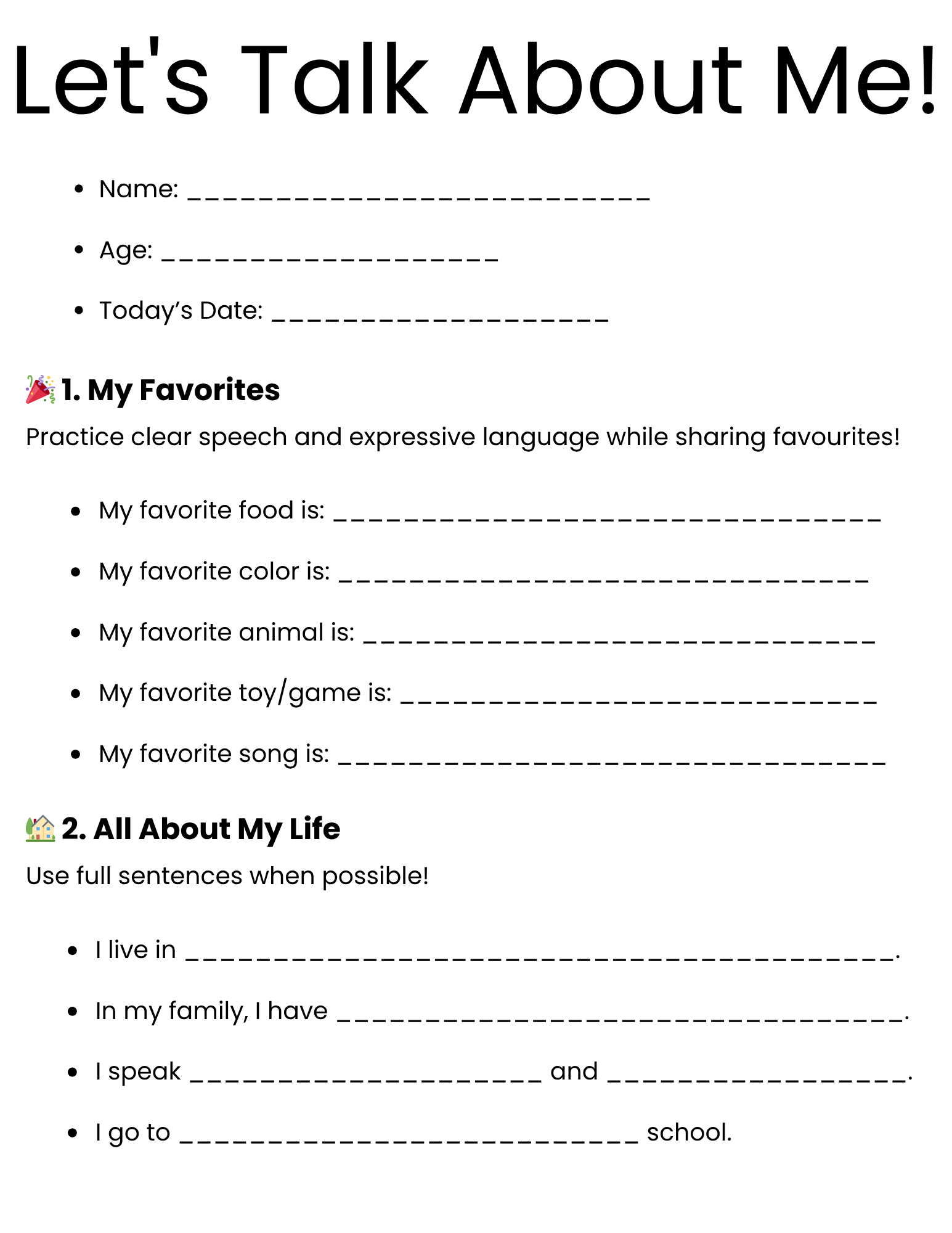 All About Me Therapy Worksheet Made By Teachers